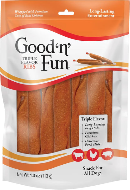 Good ‘N’ Fun Triple Flavor Ribs Chews for All Dogs, Treat Your Dog to Long-Lasting Chews Made with Beef Hide, Chicken and Pork Hide, 12 Oz11