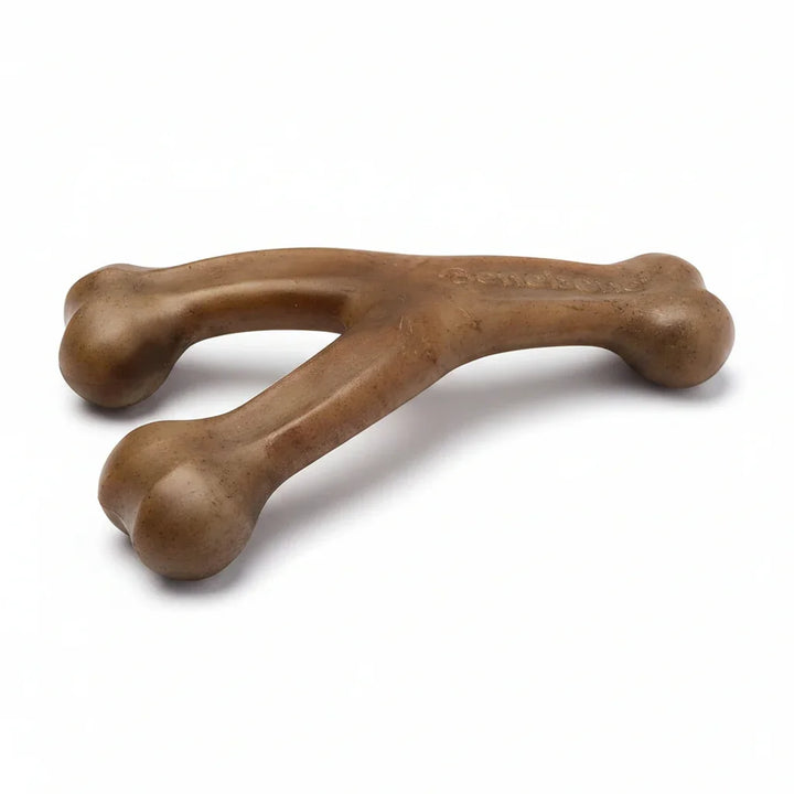 Brown Y-shaped dog chew toy bone for dental health and play
