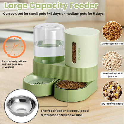 Automatic Cat Feeder Stainless Steel Water Dispenser Gravity Food Feeder and Waterer Set with Pet Food Bowl for Small Medium Kitten Puppy Pets Large Capacity(Green)3