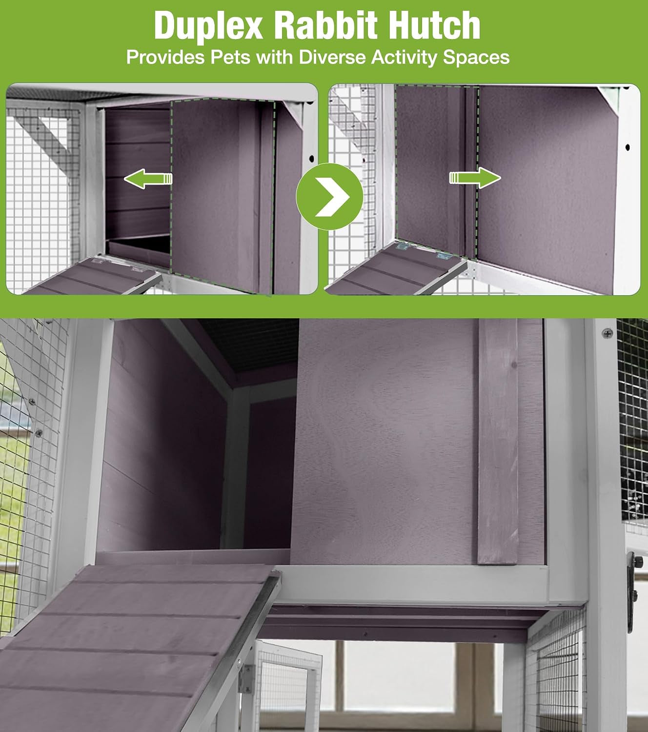 gutinneen-wooden-duplex-rabbit-cage-on-wheels-with-chew-proof-ramp-grey-4-mobile-swivel-casters-2-story-design-waterproof-rain-cover-5-access-doors-2-sliding-trays
