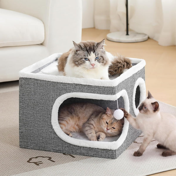Cat Houses for Indoor Cats, Large Covered Cat Cave Beds & Furniture with Scratch Pad and Fluffy Ball,Foldable Cat Hideaway for Kitten,16X16X13 Inches, Grey7