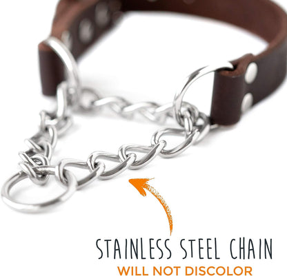 Mighty Paw Martingale Dog Collar - No Pull Design - Stainless Steel Chain - Limited Chain Cinch Training - Brown Leather Martingale Training Collar - Medium Size3