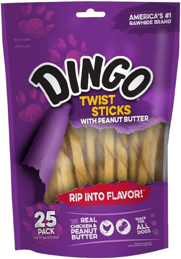 Dingo Twist Sticks Rawhide Dog Treat with Peanut Butter, 25 Count | Long-Lasting Rawhide with Real Chicken & Peanut Butter, Natural Chewing Action Promotes Clean Teeth, for Adult Dogs1