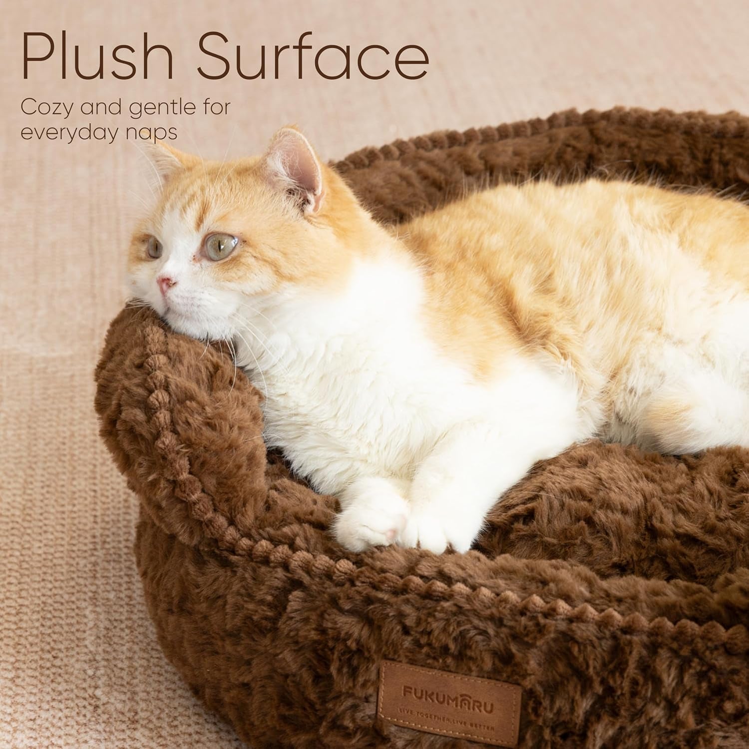 fukumaru-round-cat-bed-plush-washable-calming-dog-bed-with-low-entry-raised-bolster-small-dog-bed-soft-cozy-donut-cat-bed-for-indoor-cats-faux-rabbit-fur-anti-slip-bottom-20-inch-brown