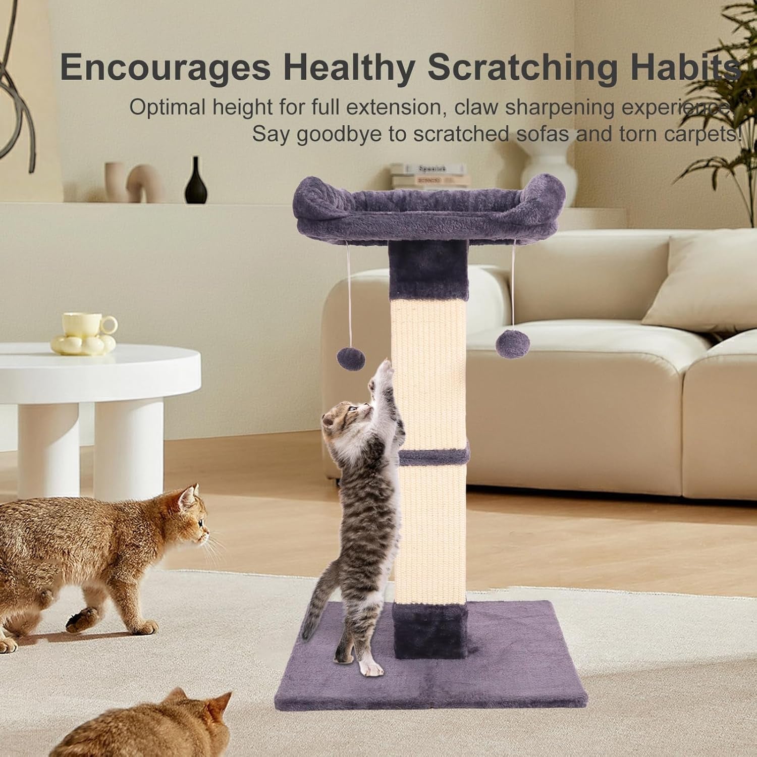 34-cat-scratching-post-for-indoor-cats-sisal-cat-scratcher-with-large-plush-perch-vertical-posts-with-elevated-bed-and-with-two-dangling-balls-removable-washable-cover-dark-grey
