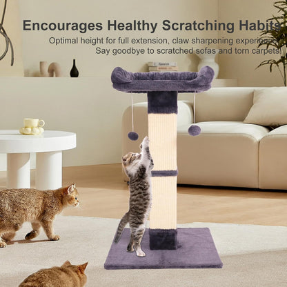 34" Cat Scratching Post for Indoor Cats, Sisal Cat Scratcher with Large Plush Perch, Vertical Posts with Elevated Bed and with Two Dangling Balls, Removable & Washable Cover, Dark Grey3