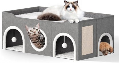 Cat House for Indoor with Fluffy Ball and Scratch Pad | 35” Foldable Cat Bed with Removable Divider,3 Separate Cat Cave for Multi Cats Puppy Family1