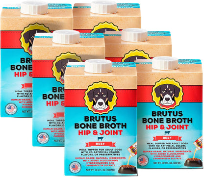 Brutus Beef Bone Broth for Dogs - All Natural Dog Bone Broth with Liquidchondroitin Glucosamine & Turmeric - Human Grade Dog Food Toppers for Picky Eaters - Tasty & Nutritious 16.9Oz (Pack of 6)1