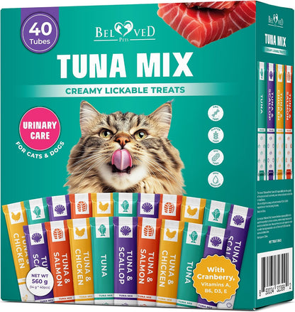 Creamy Lickable Cat Treats & Wet Food Squeeze Tubes – Liquid Kitten Snacks, Urinary Tract Care, Skin & Coat Health, Multivitamin Treats for Cats, & Small Dogs, Lick up 40 Sticks Tuna + Chicken Mix11
