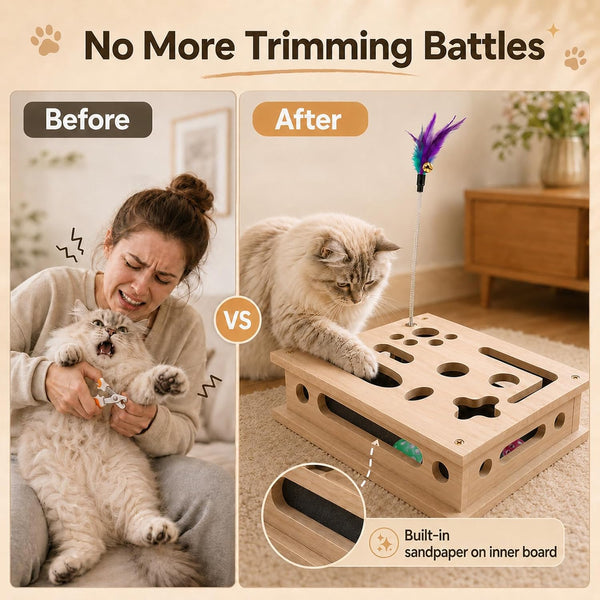 2026 New Cat Scratch Puzzle Enrichment Box, Interactive Cat Nail File Box with Catnip & Bell Ball, Cat Scratcher Toy with Teaser Wand, Stress-Free Alternative to Clippers & Grinders4