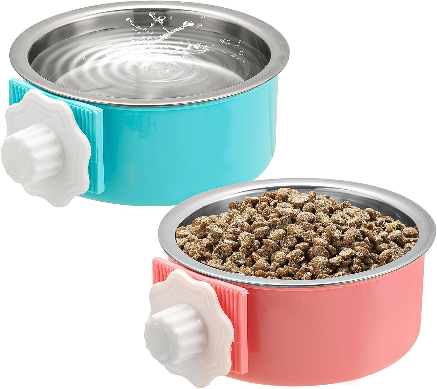 mechpia-2-pieces-crate-dog-bowl-removable-stainless-steel-pet-kennel-hanging-food-water-feeder-bowl-cage-coop-cup-for-puppy-medium-dog-cat-rabbit-ferret-bird-blue-green