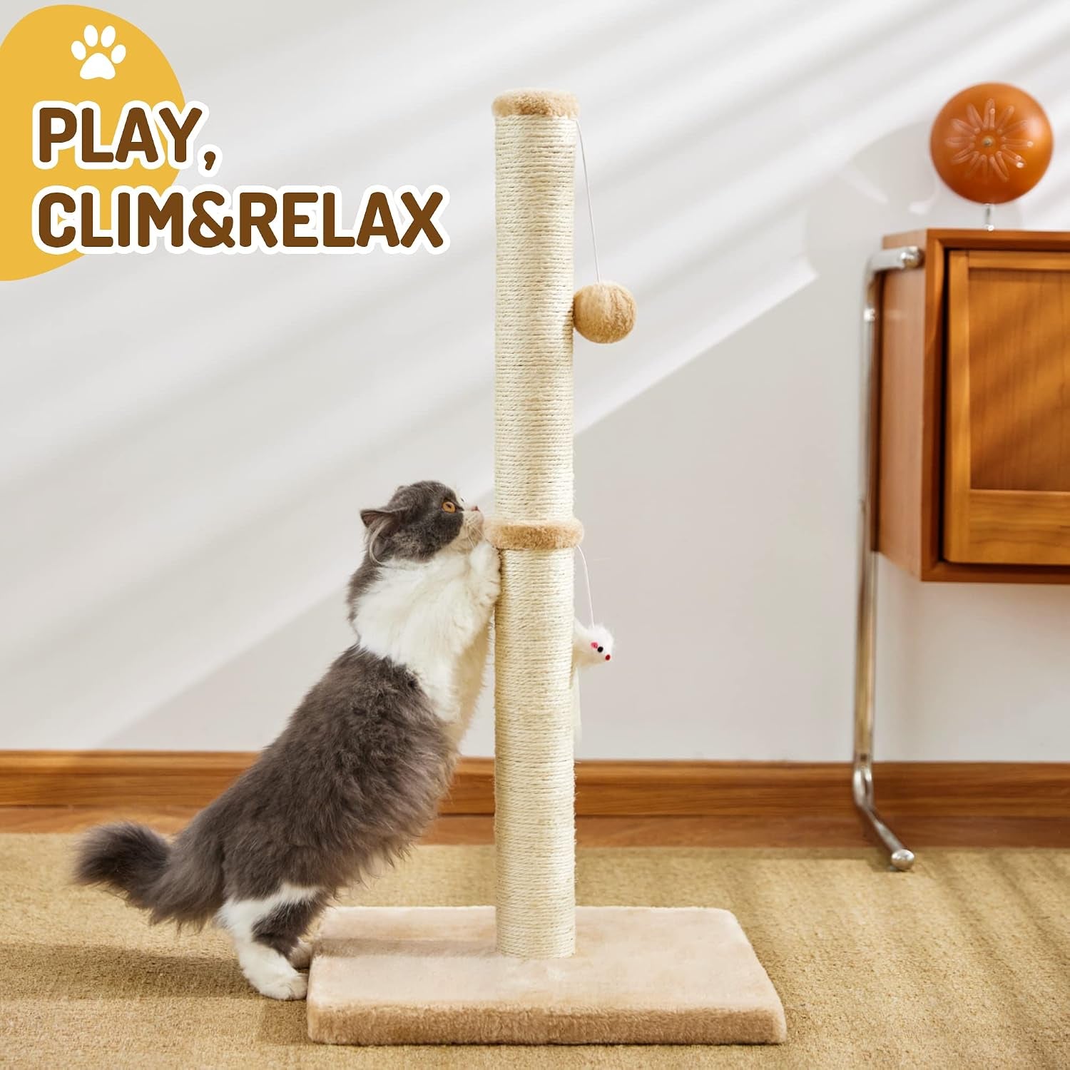 meowhomm-32-tall-cat-scratching-posts-for-indoor-cats-adults-with-2-hanging-ball-large-cat-scratch-post-cat-scratcher-includes-sisal-ropeyellow