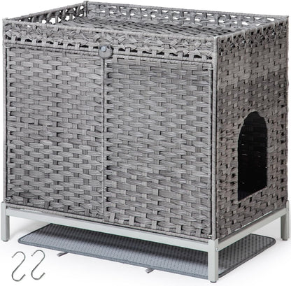SETVSON Cat Litter Box Enclosure Furniture, Rattan PE Kitty House, Natural | Handwoven PE Rattan with 2 Soft Mats, Heightened Metal Feet, 2 S-Hooks, 30.3 X 18.3 X 28 in Spacious Interior Kitty Cabinet8