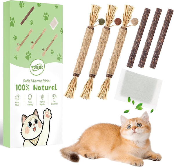 WOUSEDO 7 Pack Silvervine Sticks Cat Toy with Catnip & Matatabi Ball | Natural Chew Toys for Anxiety Relief & Dental Care, Teeth Cleaning Sticks for Indoor Cats & Kittens1