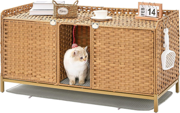 SETVSON Cat Litter Box Enclosure Furniture, Rattan PE Kitty House, Natural | Handwoven PE Rattan with 2 Soft Mats, Heightened Metal Feet, 2 S-Hooks, 30.3 X 18.3 X 28 in Spacious Interior Kitty Cabinet11