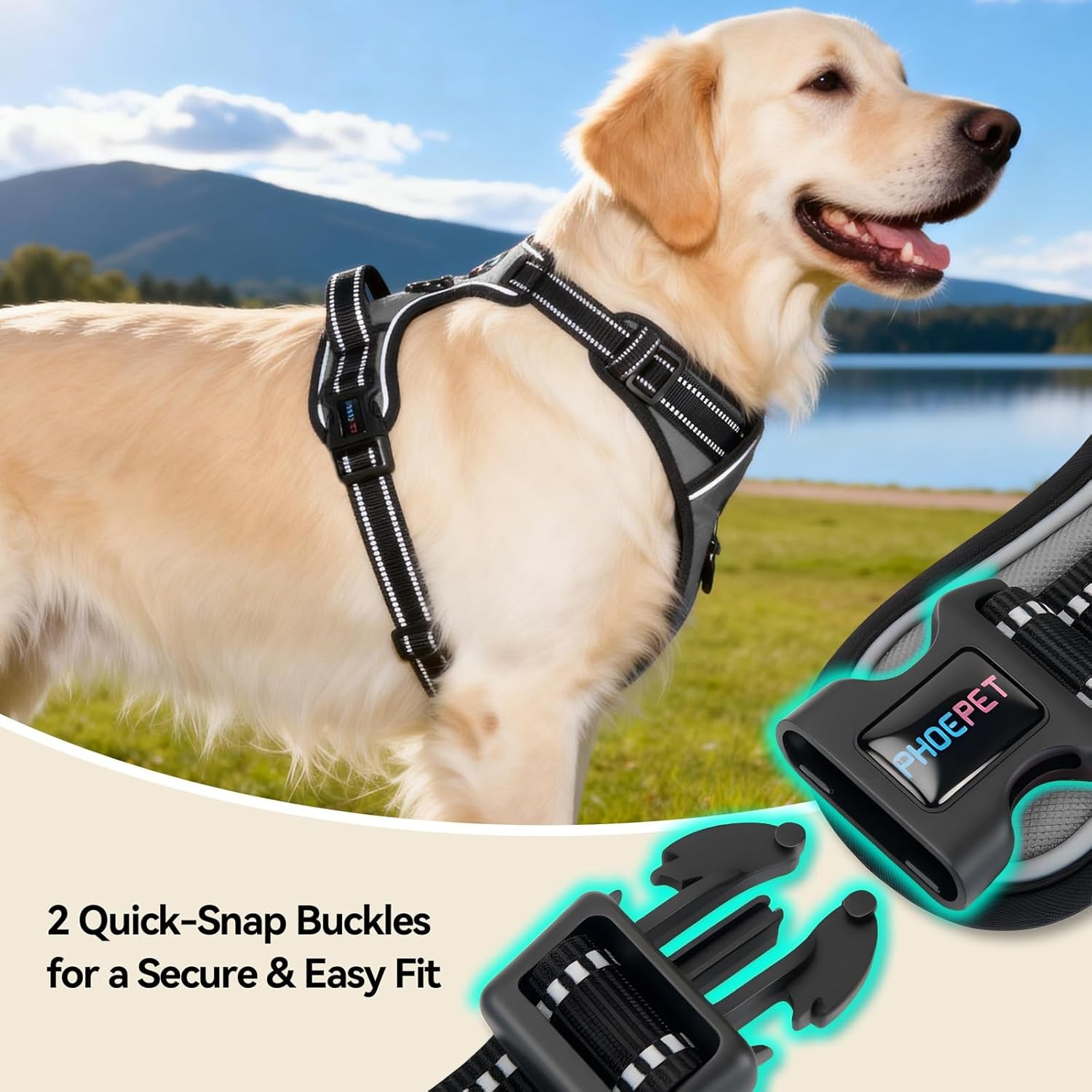 phoepet-no-pull-dog-harness-medium-reflective-front-clip-vest-with-handle-adjustable-2-metal-rings-2-bucklesm-grey