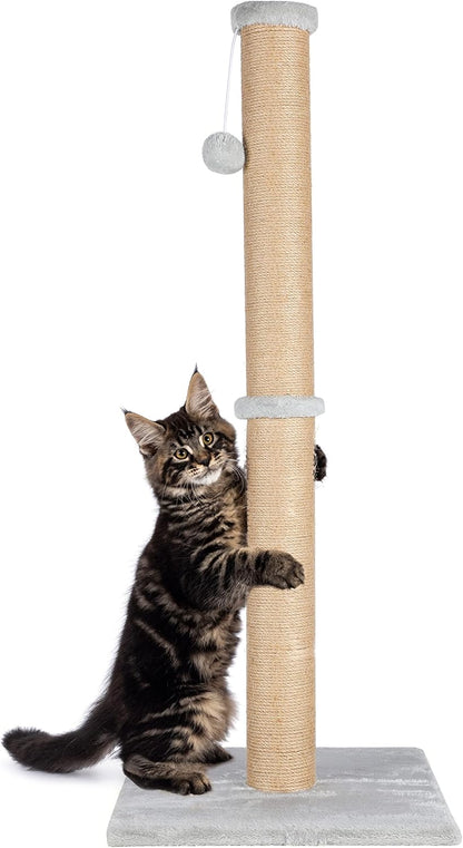 Fluffydream 37'' Cat Scratching Post, Natural Sisal Rope Scratcher with Dangling Teaser Ball and Covered with Soft Plush for Kittens and Adult Cats, Sand Color1
