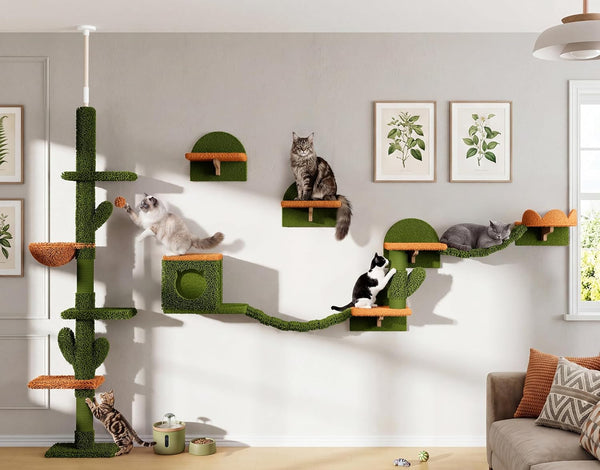 9-In-1 Cat Wall Shelves, Cat Wall Furniture Set with Bridge, Beige | Wall Mounted Cats Shelf for Space-Saving, Multi-Level Cat Climbing Systems for 16 Inch Drywall, with Scratching Posts, Condos21