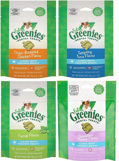 Greenies (4 Pack Feline Dental Cat Treat Variety Bundle 4 Flavors - 2.1Oz Each Bag1