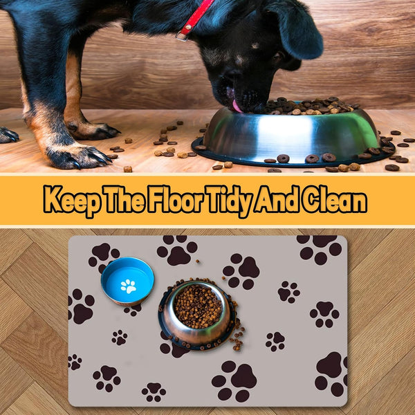 Dog Food Mat for Food and Water, Absorbent Pet Feeding Non-Slip Backing Cat Dog Bowl Mat No Stains Quick Dry Placemat with Footprints for Messy Brown,20"×12"3