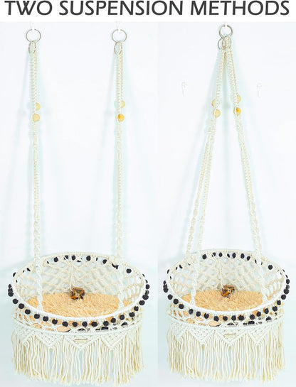 KARCEEY Macrame Cat Hammock - Hanging Cat Bed for Wall & Window - Boho Swing with Full Hardware Kit & Nip Toy - Stable Heavy Duty Design for Large & Senior Felines up to 60Lbs3