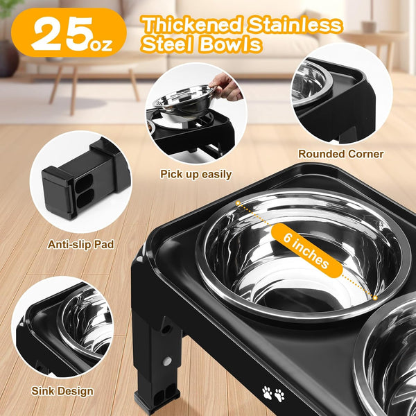 COMESOON Elevated Dog Bowls for Small Medium Dogs, 3 Height Adjustable Raised Stand with 2 Thick 6" Stainless Steel Food Bowls, Non-Slip Feeder Adjusts to 2.75", 6", 7.5", Black3