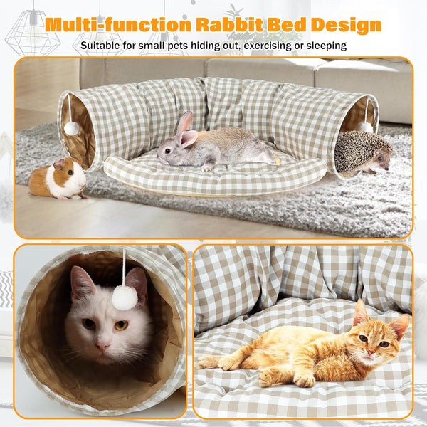 BWOGUE Bunny Tunnel Bed, 2-In-1 Collapsible Rabbit Tunnel Hideout with Mat | Removable Mat for Washing, Ball Toy for Play, Tunnel Tubes for Hiding, Soft Suede Fabric, Cats Rabbits Guinea Pigs4