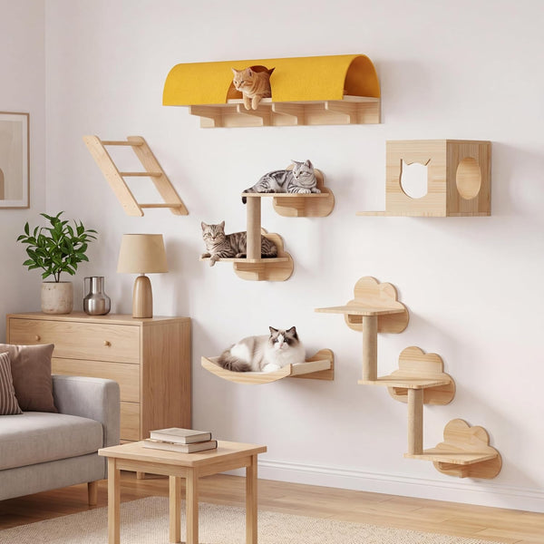 9-In-1 Cat Wall Shelves, Cat Wall Furniture Set with Bridge, Beige | Wall Mounted Cats Shelf for Space-Saving, Multi-Level Cat Climbing Systems for 16 Inch Drywall, with Scratching Posts, Condos14