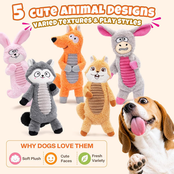 Durable No Stuffing Dog Squeaky Toys Dogs Love These! | Crinkle & Squeakers Keep Dogs Busy, 5 Pack Plush Animal Toys for Small Medium Large Dogs5