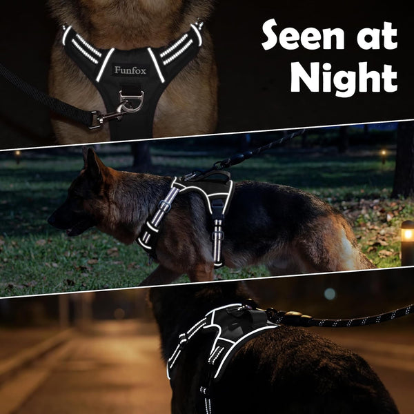 Funfox Dog Harness Medium Sized Dog, Vertical Handle Easy Control, No Pull Pet Vest Adjustable with 2 Leash Clips, Soft Material, Reflective Safe Night Walking for Small Medium Large Breed, Black, M7