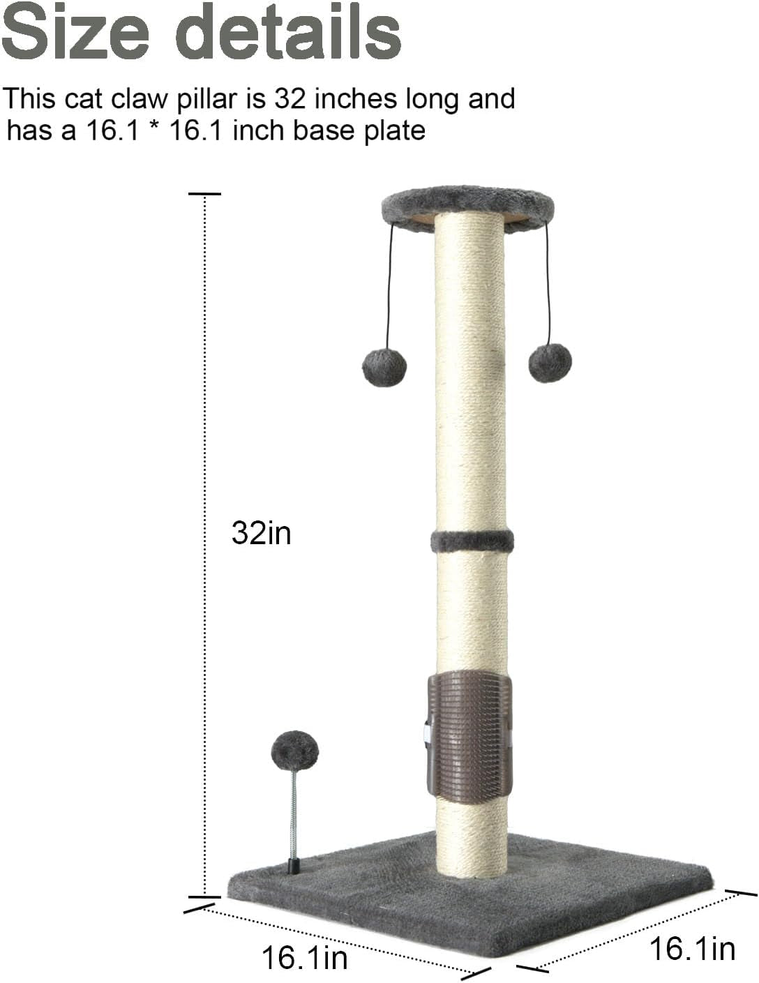 peekab-32-tall-cat-scratching-post-sisal-scratch-posts-with-hanging-ball-and-self-massage-brush-vertical-scratcher-for-indoor-cats-and-kittens-gray-32inches
