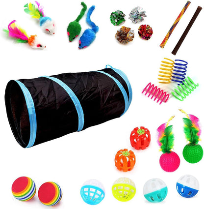 Icagy 25 Pcs Cat Toys for Cats, Indoor Kittens - Interactive Variety Pack, 45 Inches Rainbow Cat Tunnel, Feather Teaser, Feather Golf, Mice, Springs, Balls, Noise Toys - Rainbow/Colorful 45"11