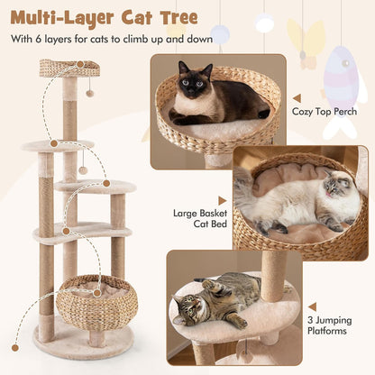 PETSITE 65-Inch Cattail Cat Tree Tower, Multi-Level Cat Tower with Natural Jute Scratching Posts, Cat Bed, Top Perch, Dangling Balls and Jumping Platforms, Modern Tall Cat Tree for Indoor Cats5