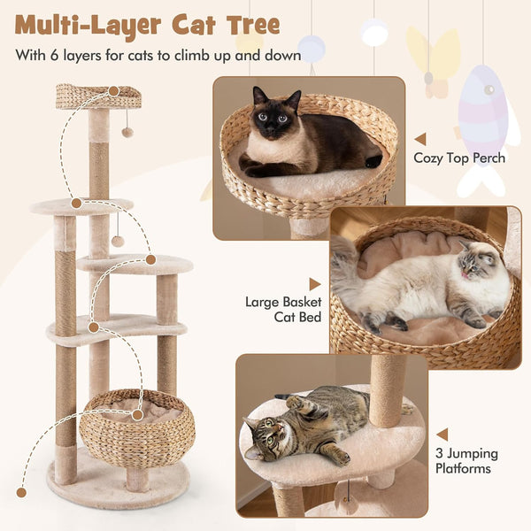PETSITE 65-Inch Cattail Cat Tree Tower, Multi-Level Cat Tower with Natural Jute Scratching Posts, Cat Bed, Top Perch, Dangling Balls and Jumping Platforms, Modern Tall Cat Tree for Indoor Cats5