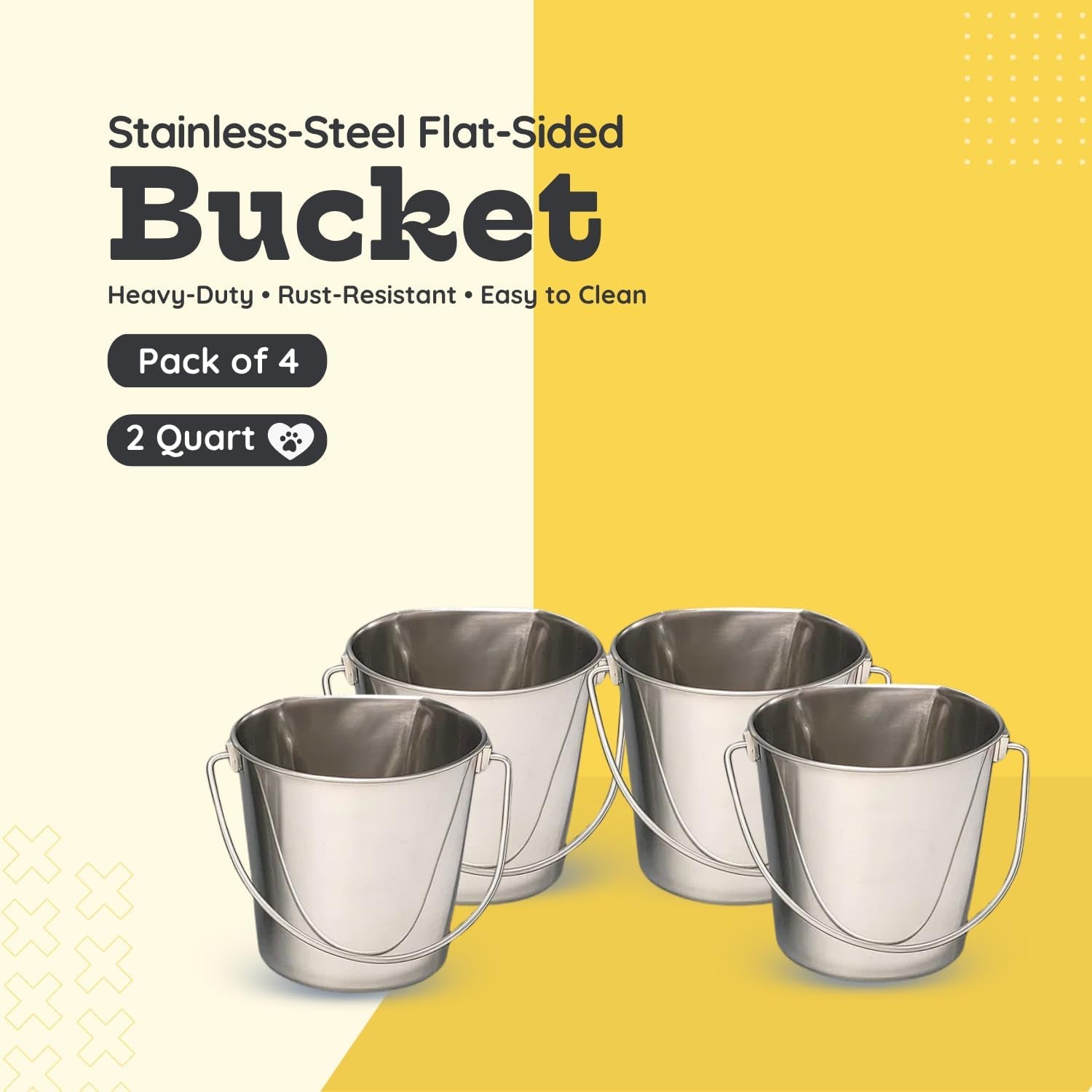 flat-side-stainless-steel-bucket-2-quart-hanging-feeding-utility-pail-for-small-dog-cat-birds-fits-kennel-cage-compatible-heavy-duty-food-water-feeder-0-5-gallon-silver-bucket-4-pack