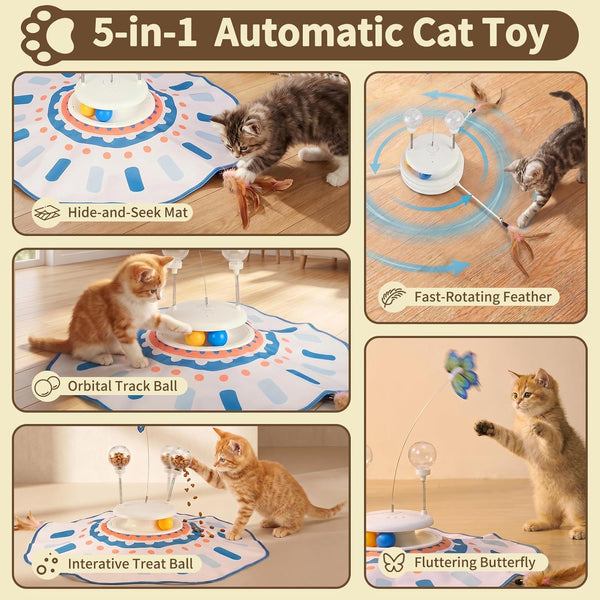 MOHAYA Interactive Cat Toy 5-In-1, Smart Automatic Cat Toys for Bored Indoor Cats, Motion & Sound Activated Toy with Fluttering Butterfly, Moving Feather, Track Balls & Slow Feeder Treat Dispenser2