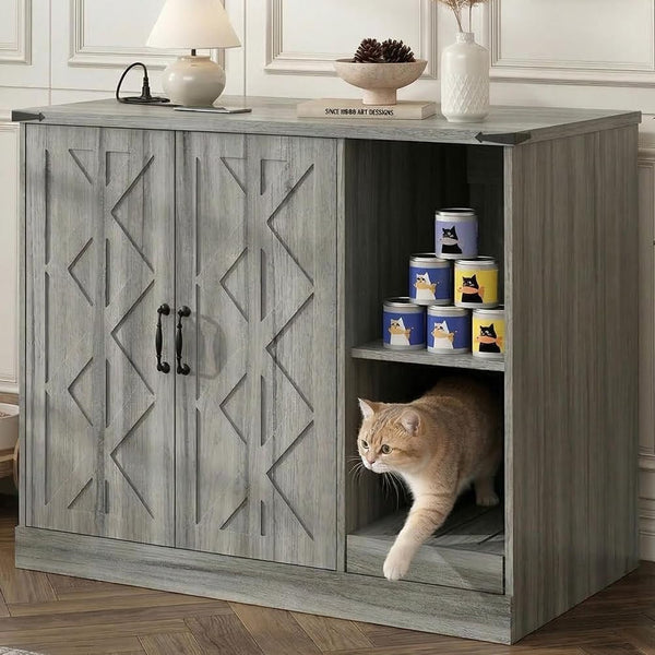 Large Cat Litter Box Enclosure Furniture with Litter Collector, Hidden Litter Box Cabinet with Storage Shelves & Power Outlet, Wooden Cat House Cat Washroom for Automatic Litter Box1