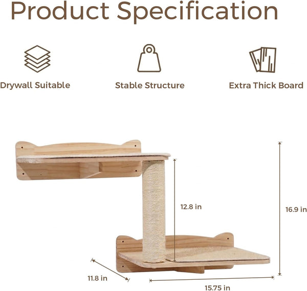 Cat Wall Shelves, 2-Tier Cat Shelves with Sisal Scratching Post, Sisal Mat Solid Pine Wood Wall Mounted Cat Climbing Furniture, Modular Design8