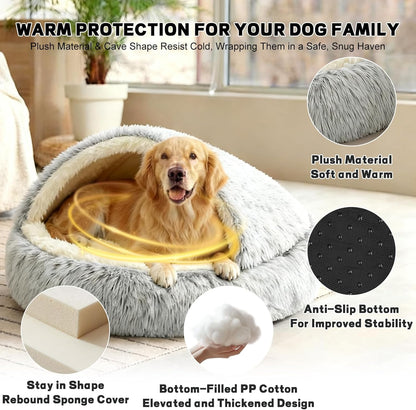 Calming Dog Bed Fluffy Plush Pet Bed under 35 Pound，Large Cave Bed Washable Non-Slip Cat Nest Pod Windproof，Cozy Indoor Cave for Kitten Dog Non-Slip Bottom (L-31.5In)2