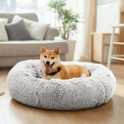 DUMOS 30.7 Inch Donut Dog Bed, Faux Fur Plush, Grey | Machine Washable Cuddler Warming Cozy Fluffy Faux Fur Plush round Pet Bed, Anti-Slip Bed for Indoor Dogs and Cats2