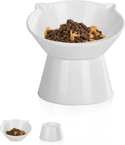 Detachable Elevated Cat Bowls, 15° Tilted Raised Cat Food Bowl Anti-Vomiting, Whisker Friendly, Adjustable Pet Cat Dishes for Protecting Spine, Adult Kitten (White)1