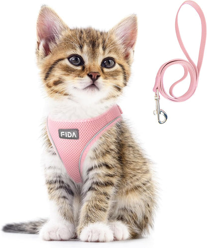 Fida Cat Harness and Leash Set for Walking Kitten and Puppy, Escape Proof Kitten Harness with Breathable Lightweight Soft Mesh, Adjustable Reflective Step-In Design. (XXXS, Pink)1
