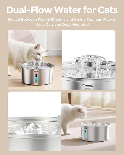 Cat Water Fountain Stainless Steel 3.2L/108Oz, Invengo Automatic Pet Fountain for Cats & Dogs, Ultra Quiet <25 Db Pump, Includes 4 Replacement Filters & Sponges, LED Water Level Window, Easy to Clean6