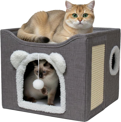 Cat Houses for Indoor Cats, Large Cats Bed Cave, Kitten Cube Box,Cat Condo with Scratching Pad, Hanging Fluffy Ball & Peekaboo Window, Foldable Hideaway Hand-Washable(16X16X13.3 Inches,Grey)1