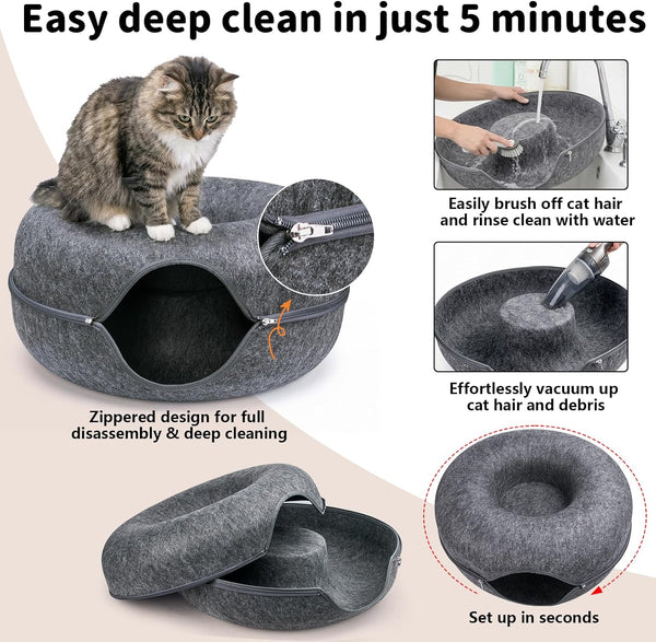 Cat Tunnel Bed for Heavy Big Cats up to 45 Lbs - 24" Donut Cat Bed for Multi-Cat Home - Premium Detachable Zipper Felt Anti-Scratch Cat Cave Bed - Roomy Non-Collapsing Cat Hideaway & Peekaboo Toy6