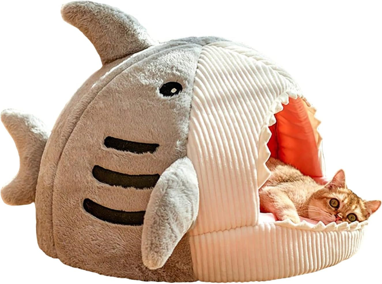 qwinee-cat-mat-shark-shaped-kennel-kitten-bed-hideout-house-warm-soft-comfortable-semi-closed-cat-dog-nest-blue-s