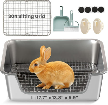 Rabbit Litter Box, Extra Large Bunny Litter Box with 304 Stainless Steel Sifting Tray & Hooks, Rabbit Litter Box, Easy to Clean and Odor Control (17.7" × 13.8" × 5.9")1
