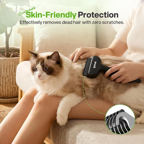 Pecute Self-Cleaning Undercoat Rake for Dogs Cats with Thick Double Coats | 1-Click Clean, 304SS, 18 Rounded Teeth, for Seasonal Heavy Shedding & Matting, Gentle on Pets, Ideal for Long/Dense Coats5
