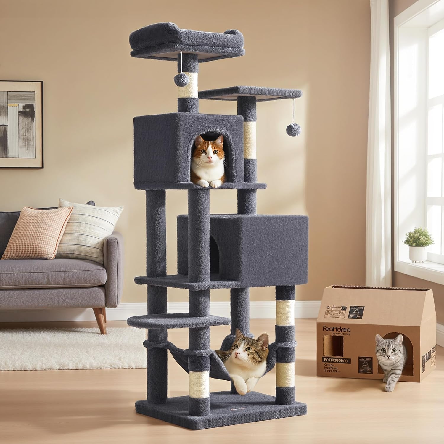 feandrea-cat-tree-59-5-inch-tall-cat-tower-plush-multi-level-condo-with-5-scratching-posts-2-perches-2-caves-hammock-2-pompoms-light-gray-upct192w01