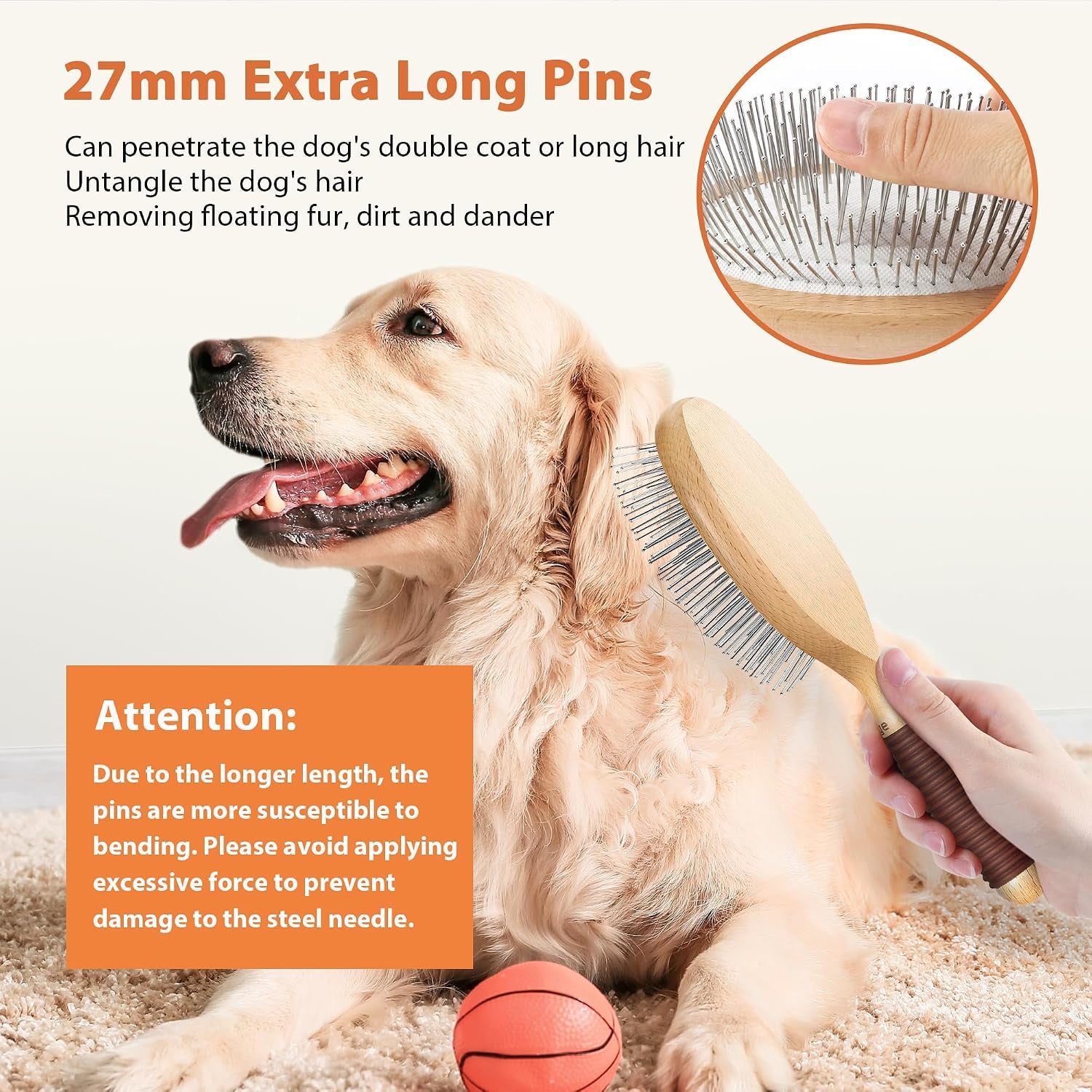 dog-brush-for-long-haired-dogs-27mm-extra-long-pin-brush-for-grooming-shedding-beech-wood-material-non-slip-rubber-handle-round-tipped-pins